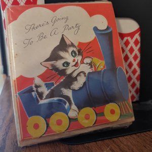 Vintage "There's Going To Be A Party" Cat in Locomotive Invitations Art Guild
